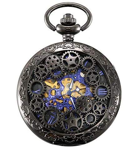 LANCARDO Reloj de Bolsillo Mecánico de Cuerda Manual Cubierta Forma de Engranajes Collar de Suéter Retro con Colgante Cadena Impermeable de 10m Tiempo Preciso para Hombre Mujer Unisex (Negro)