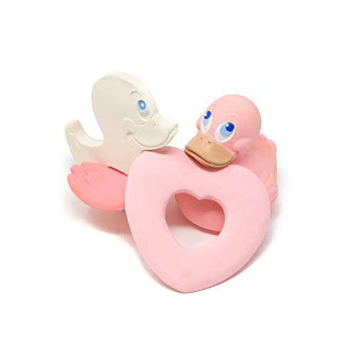 Lanco - Juego de 3 mordedores de goma natural con forma de corazón, pato rosa y pato Lanco - Juego de 3 mordedores de goma natural con forma de corazón, pato rosa y pato