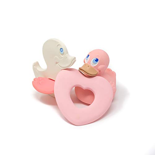 Lanco - Juego de 3 mordedores de goma natural con forma de corazón, pato rosa y pato Lanco - Juego de 3 mordedores de goma natural con forma de corazón, pato rosa y pato