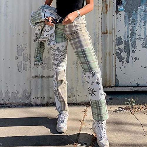 langchao Jeans de Bloque de Color de Moda para Mujer, Cintura Alta con Bolso de Patchwork, Jeans de Pierna Recta langchao Jeans de Bloque de Color de Moda para Mujer, Cintura Alta con Bolso de Patchwork, Jeans de Pierna Recta