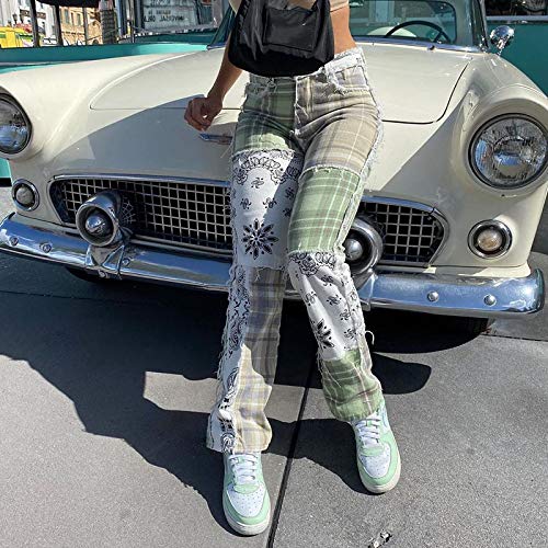 langchao Jeans de Bloque de Color de Moda para Mujer, Cintura Alta con Bolso de Patchwork, Jeans de Pierna Recta langchao Jeans de Bloque de Color de Moda para Mujer, Cintura Alta con Bolso de Patchwork, Jeans de Pierna Recta