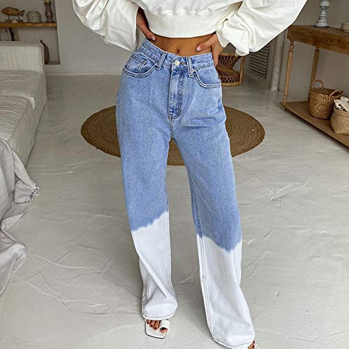 langchao Jeans de Bloque de Color de Moda para Mujer, Cintura Alta con Bolso de Patchwork, Jeans de Pierna Recta
