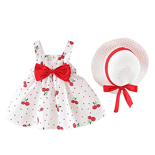 LANSKIRT Niñas Vestidos de Princesa Sin Mangas con Estampado De Cereza +Sombrero De Paja 0-2 años Falda Casual para Bebé recién Nacido Conjunto de Ropa Verano 2 Piezas