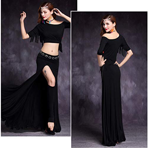 LaoZan Traje de Danza del Vientre Alta Falda de Hendidura Ropa Festival Top Maxi Falda Conjunto de Práctica Baile (Negro#1(4Pcs), Asia M)