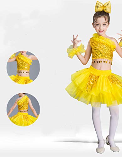 LaoZanA Niñas Animadoras Traje de Baile Leotardo Vestido Tutu de Lentejuelas Brillantes Amarillo 160CM