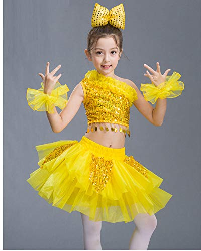 LaoZanA Niñas Animadoras Traje de Baile Leotardo Vestido Tutu de Lentejuelas Brillantes Amarillo 160CM