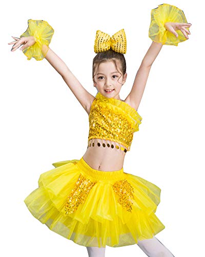 LaoZanA Niñas Animadoras Traje de Baile Leotardo Vestido Tutu de Lentejuelas Brillantes Amarillo 160CM