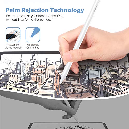 Lápiz Para Pantalla Táctil, 1.0mm Lápiz para ipad 2018/2019/2020, Lápiz Stylus de Rechazo de Palma Lápiz, Stylus Pen con 2 Tapas Ultrafinas, Lapiz Táctil con Función Detección de Inclinación, Blanco