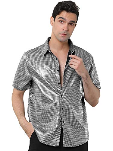 Lars Amadeus Camisa De Vestir Lentejuelas Botones Abajo Manga Corta Disfraz De Fiesta Disco para Hombre Plata L