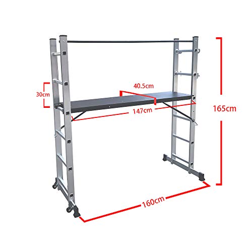 LARS360 3 en 1 Andamio Escalera de Aluminio Multipropósito con 2 Ruedas, Plataforma de Trabajo, 6 Peldaños Escala Plegable, Carga Máxima 150KG (Plata)