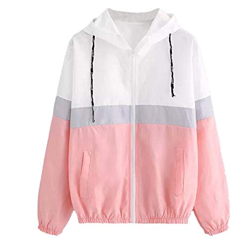 Las mujeres con capucha Chaquetas Patchwork manga larga ropa multicolor viga cintura Abrigos mujer casual cortavientos tamaño Rosa rosa S