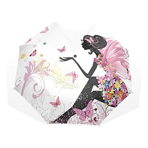 LASINSU Paraguas Resistente a la Intemperie,protección UV,Silueta Abstracta de una niña con alas Rosas y Vestido de Flores de Hadas de Primavera