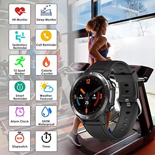 LATEC Smartwatch, Reloj Inteligente con 1.3" Pantalla Táctil Completa, Pulsera Actividad Inteligente Hombre Mujer 5ATM Impermeable Reloj Deportivo con Cronómetro Pulsómetro para Android y iOS (Negro)