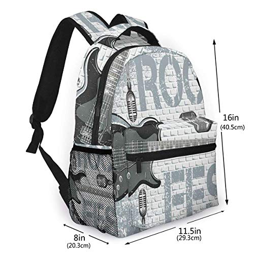 Lawenp Mochilas Escolares Fondo de Pared de ladrillo con Salpicaduras de Color Grunge Diseño de micrófonos de Guitarra electrónicos para niñas y niños Adolescentes Mochilas para Estudiantes de 16 PU