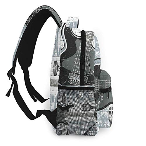 Lawenp Mochilas Escolares Fondo de Pared de ladrillo con Salpicaduras de Color Grunge Diseño de micrófonos de Guitarra electrónicos para niñas y niños Adolescentes Mochilas para Estudiantes de 16 PU