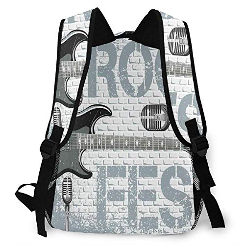 Lawenp Mochilas Escolares Fondo de Pared de ladrillo con Salpicaduras de Color Grunge Diseño de micrófonos de Guitarra electrónicos para niñas y niños Adolescentes Mochilas para Estudiantes de 16 PU