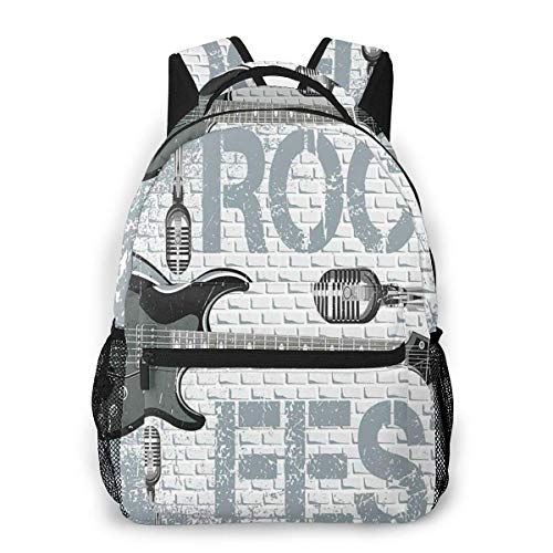 Lawenp Mochilas Escolares Fondo de Pared de ladrillo con Salpicaduras de Color Grunge Diseño de micrófonos de Guitarra electrónicos para niñas y niños Adolescentes Mochilas para Estudiantes de 16 PU