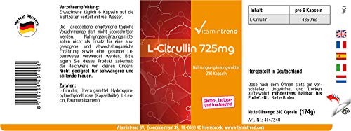 L–Citrulina 725mg – 240 cápsulas – vegano – Dosis elevada