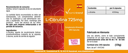 L–Citrulina 725mg – 240 cápsulas – vegano – Dosis elevada