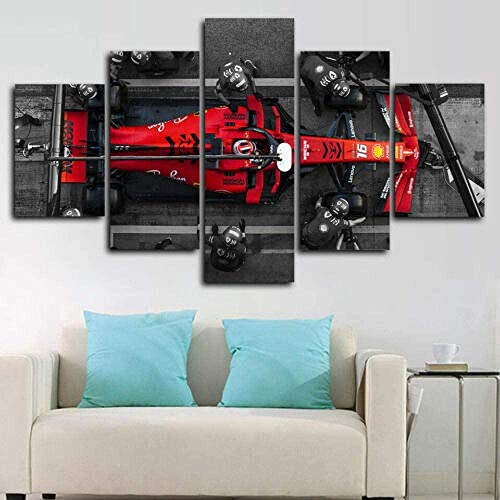 lcyqq Cuadros Pintura decorativa Pintura en aerosol lienzo 5 piezas Charles Leclerc F1 Ferrari pit stop lienzo mural, muebles Art Deco, marco