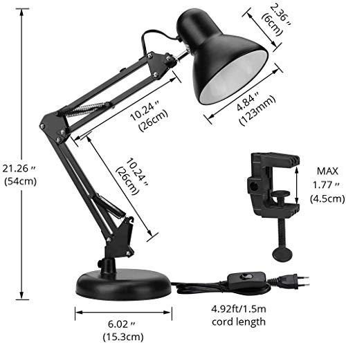 LE Lámpara de Escritorio LED, Casquillo E27, Bombilla Sustituible no Incluida, Luz Mesa de Noche, para Estanterias, Cabeceros, etc. Base y Pinza Incluidas