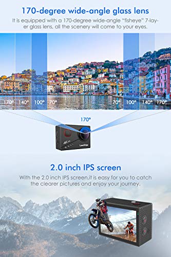 LeadEdge Cámara Deportiva 4K 20MP EIS Anti-Vibración Filtro rojo Wi-Fi Micrófono Externo Control Remoto 170° Gran Angular Cámara de Accion Acuatica de 40M con 2x1050mAh Accesorio