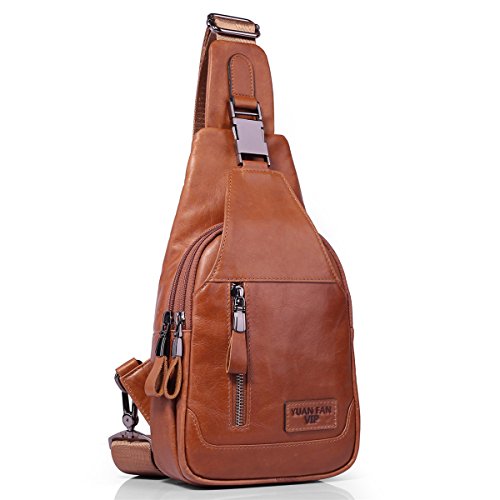 Leathario Bolso Hombro de Pecho Bandolera Cuero Vintage Grande Shoppers Mochila Cruzada de Viaje Trabajo Casual Crossbody para Hombres Marrón