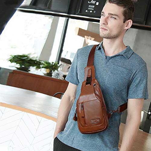 Leathario Bolso Hombro de Pecho Bandolera Cuero Vintage Grande Shoppers Mochila Cruzada de Viaje Trabajo Casual Crossbody para Hombres Marrón