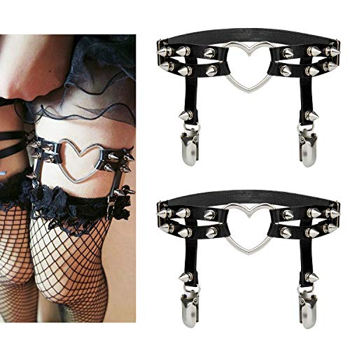 Leather Garter de arnés para el Muslo,Comius Sharp 2 Piezas Goma gótica, Tirantes con tachas, Correas Ajustables con Clip de Metal, Liga, Goma gótica, Decora medias de mujer, [Negro]