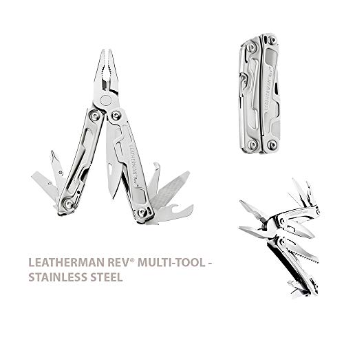 Leatherman Rev - Multiherramienta de bolsillo, 14 herramientas, hoja bloqueable para camping y bricolaje, de acero inoxidable con alicates navaja y destornillador, hecho en EE.UU., con funda de nylon