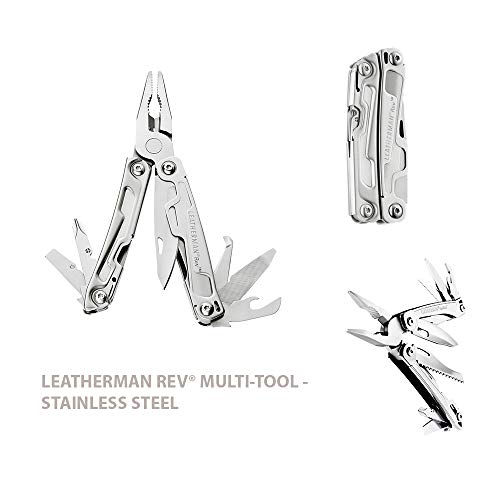 Leatherman Rev - Multiherramienta de bolsillo, 14 herramientas, hoja bloqueable para camping y bricolaje, de acero inoxidable con alicates navaja y destornillador, hecho en EE.UU., con funda de nylon Leatherman Rev - Multiherramienta de bolsillo, 14 herramientas, hoja bloqueable para camping y bricolaje, de acero inoxidable con alicates navaja y destornillador, hecho en EE.UU., con funda de nylon