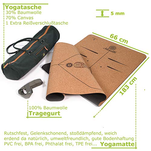 Lebensmuster Esterilla de yoga antideslizante de corcho y caucho natural, incluye bolsa, 183 cm x 66 cm x 5 mm, sin sustancias nocivas, tu compañero Treuer, esterilla de yoga