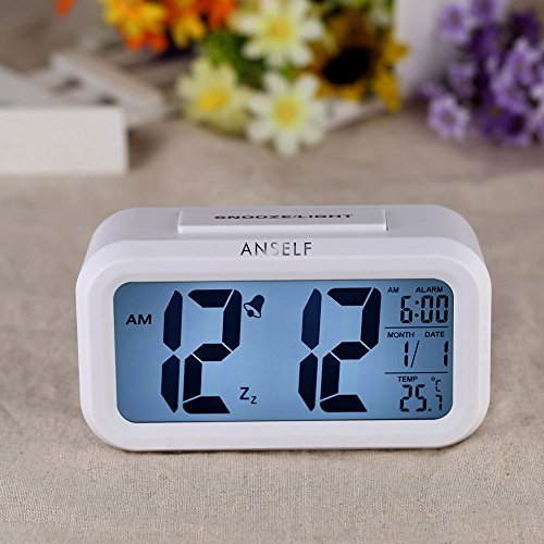 LED Digital Alarma despertador,Anself Reloj Repeticion activada por luz Snooze Sensor de luz Tiempo Fecha Temperatura (Blanco puro)