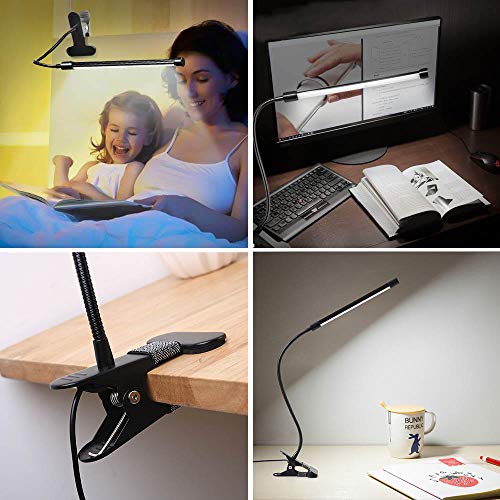 LED Lámpara De Mesa Escritorio, Luz De Lectura Con Abrazadera USB Portátil Flexible Regulable Con 3 Modos De Iluminación y 10 Niveles De Brillo Para Oficina Dormitorio Lectura Estudiar 7w (Negro)