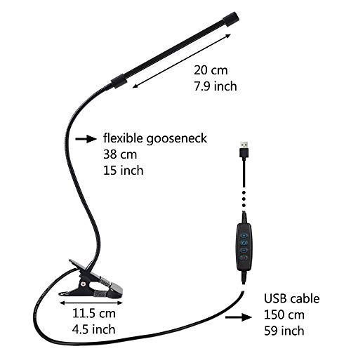 LED Lámpara De Mesa Escritorio, Luz De Lectura Con Abrazadera USB Portátil Flexible Regulable Con 3 Modos De Iluminación y 10 Niveles De Brillo Para Oficina Dormitorio Lectura Estudiar 7w (Negro)