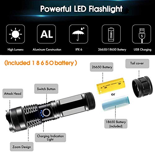 LED Linterna Recargable, Linterna LED De 3000 Lúmenes, 5 Modos, Con Zoom, Resistente Al Agua, Con Batería Recargable 18650, Linterna De Mano Para Acampar, Caminar, Andar En Bicicleta