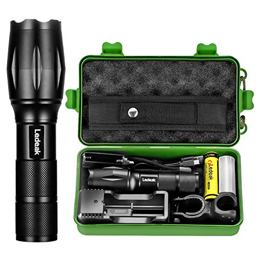 Ledeak Linterna LED Alta Potencia, 1200 Lúmenes CREE L2 Antorcha de Mano, 5 Modos Zoomable Impermeable Táctica con 18650 Batería Recargable, cargador USB, Soporte para Bicicleta, Funda de Linterna Ledeak Linterna LED Alta Potencia, 1200 Lúmenes CREE L2 Antorcha de Mano, 5 Modos Zoomable Impermeable Táctica con 18650 Batería Recargable, cargador USB, Soporte para Bicicleta, Funda de Linterna