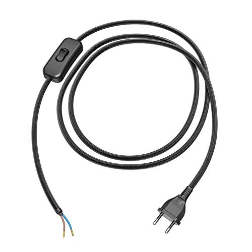 ledscom.de Cable textil con enchufe, interruptor de 2 hilos negro, 2m