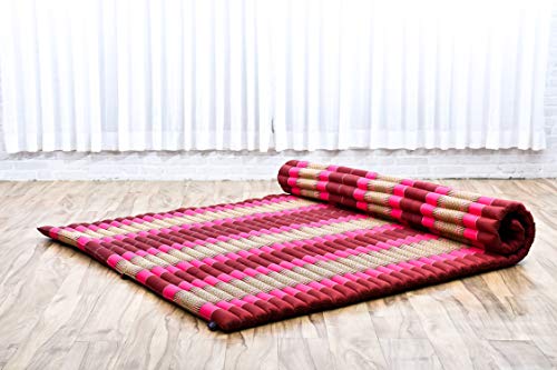 Leewadee colchoneta tailandesa Enrollable XL – Futón para masajes Grueso, colchón para Dormir, Alfombrilla de kapok Natural, 200 x 145 cm, castaño Rosado