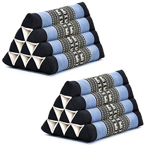 Leewadee Set de 2 Almohadas Triangulares tailandesas – Respaldos Hechos a Mano para Leer, Cojines de kapok Natural, 50 x 33 x 33 cm, Set de 2, Azul