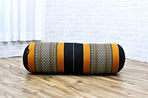 Leewadee Set de 2 Yoga bolsters Grandes – Almohadas tailandesas de kapok Natural, Cojines alargados para Pilates, 65 x 25 x 25 cm, Set de 2, Naranjo Negro