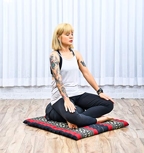 Leewadee Set de meditación – Cojín de Yoga Zafu y colchoneta de meditación Zabuton, Asiento tailandés de kapok Hecho a Mano, Set de 2, Negro Rojo