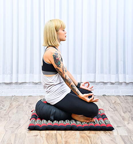 Leewadee Set de meditación – Cojín de Yoga Zafu y colchoneta de meditación Zabuton, Asiento tailandés de kapok Hecho a Mano, Set de 2, Negro Rojo