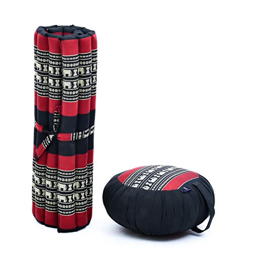 Leewadee Set de meditación – Cojín de Yoga Zafu y colchoneta de meditación Zabuton, Asiento tailandés de kapok Hecho a Mano, Set de 2, Negro Rojo