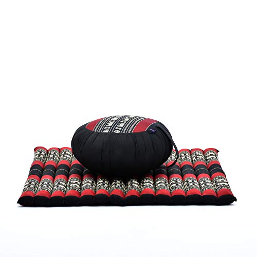 Leewadee Set de meditación – Cojín de Yoga Zafu y colchoneta de meditación Zabuton, Asiento tailandés de kapok Hecho a Mano, Set de 2, Negro Rojo