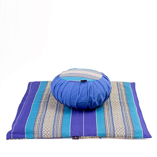 Leewadee Set de meditación con Funda – Cojín Zafu y colchoneta Zabuton de meditación y Yoga, Asiento tailandés de kapok Natural, Set de 2, Azul