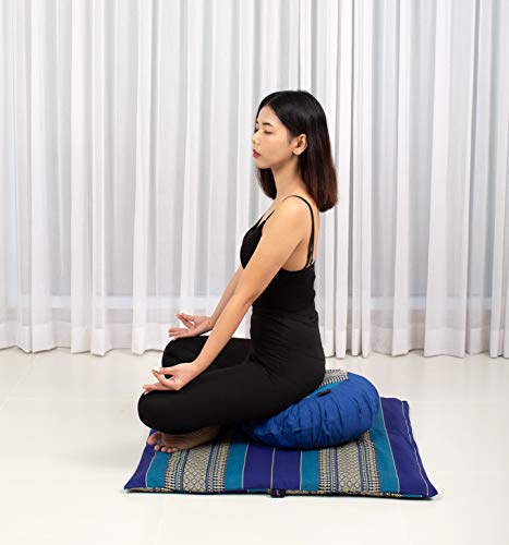 Leewadee Set de meditación con Funda – Cojín Zafu y colchoneta Zabuton de meditación y Yoga, Asiento tailandés de kapok Natural, Set de 2, Azul