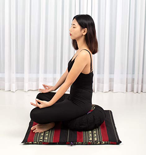 Leewadee Set de meditación con Funda – Cojín Zafu y colchoneta Zabuton de meditación y Yoga, Asiento tailandés de kapok Natural, Set de 2, Negro Rojo