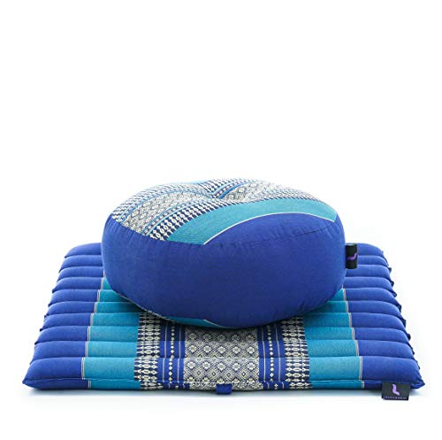 Leewadee Set de meditación Mini – Cojín de Yoga Zafu y colchoneta de meditación Zabuton, Asiento tailandés de kapok ecológico, Set de 2, Azul