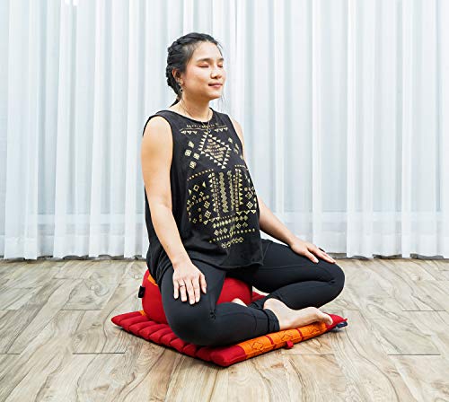 Leewadee Set de meditación Mini – Cojín de Yoga Zafu y colchoneta de meditación Zabuton, Asiento tailandés de kapok ecológico, Set de 2, Naranjo Rojo